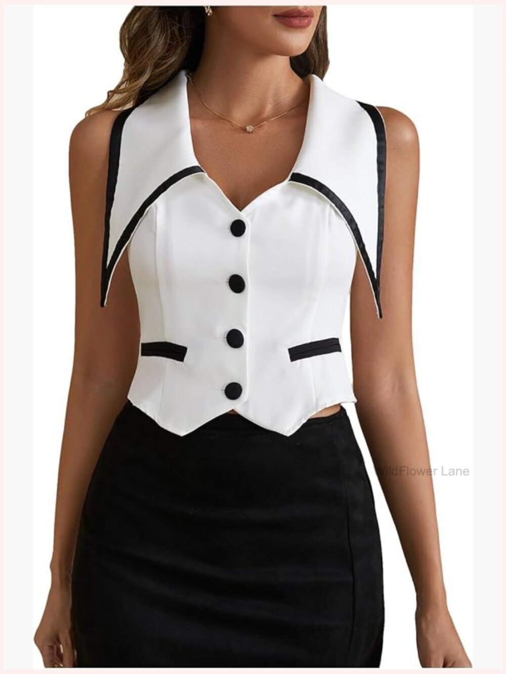 Button Up Cropped Blazer Vest Lapel Collar Work Office Waistcoat